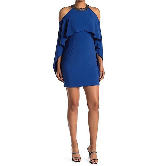 NWT HALSTON Royal Blue Beaded Collared Cold Shoulder Sleeve Draped Mini Dress - Picture 2 of 13